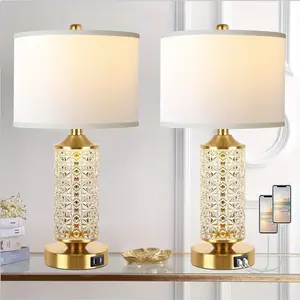 2024 QiMH Set of 2 Table Lamps with USB Ports, Modern Bedside Lamp with LED Night Light for Bedroom, Nightstand Lamps for Living Room Office (Gold)(2 Bulbs Include)