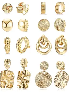 Vintage 8 Pairs Golden Retro Clip on Earrings Chunky Copper Clip Earrings for Women Men Hypoallergenic Non-Pierced Twist Knot Hoop Geometric Drop Dangle Earrings Earrings Set