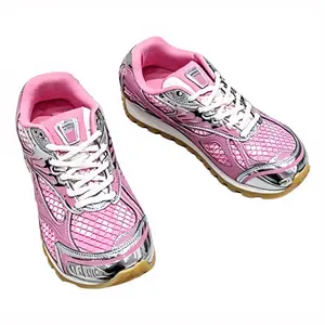Y2K Pink Silver Platform Running Shoes for Women Breathable Mesh Chunky Sneakers Metallic Accent Casual Walking Shoes Comfortable All-Day Wear Retro Fashion Athletic Footwear