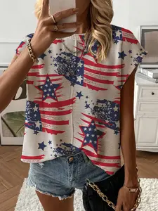 Summer Round Neck Long Sleeve Loose Fit Knit Top, Colorblock Independent Day Print Short Sleeve Women's Knitwear, Casual Elegant Commuter