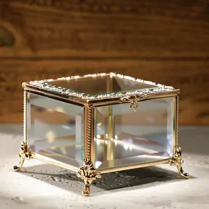 Vintage Transparent Glass Jewelry Box, Ring Storage Case, Home Decor Display Box, 4.6x4.6x3.2 Inches, Ideal for Rings and Accessories