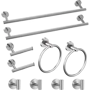 10 count Brushed Nickel Bathroom Accessories Set, 24inch Brushed Nickel Towel Bar Ring+Toilet Paper Holder+ Robe Towel Hook SUS304 Stainless Steel Bathroon Hardware Set
