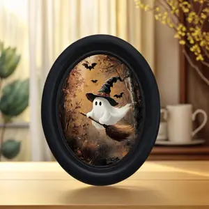 Vintage Ghost with Cat Sitting on Witch Broom Desk Decor Home Decor Ornaments 5.25x4.16 Inches, Hand-Carved Oval Home Decoration for Halloween Christmas Thanksgiving