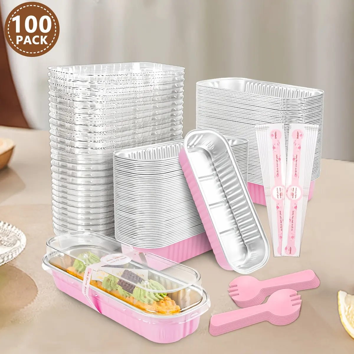 100 Pack Mini Cake Pans with Lids And Spoons 6.8Oz Rectangular Aluminum Foil Baking Pans Mini Cheesecake Containers (Black Golden/Pink)