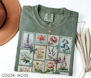 Comfort Colors Vintage Wild Flowers Stamp T-shirt Retro Floral Postage Stamps Tee Botanical Lavender Cottagecore Graphic Top