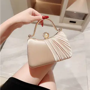 Luxurious Apricot Satin Pleated Evening Handbag with Crystal Decorations for Night Parties Formal Occasions Prom Dances Weddings Leather Crossbody Purses Pebble Leather Satchel