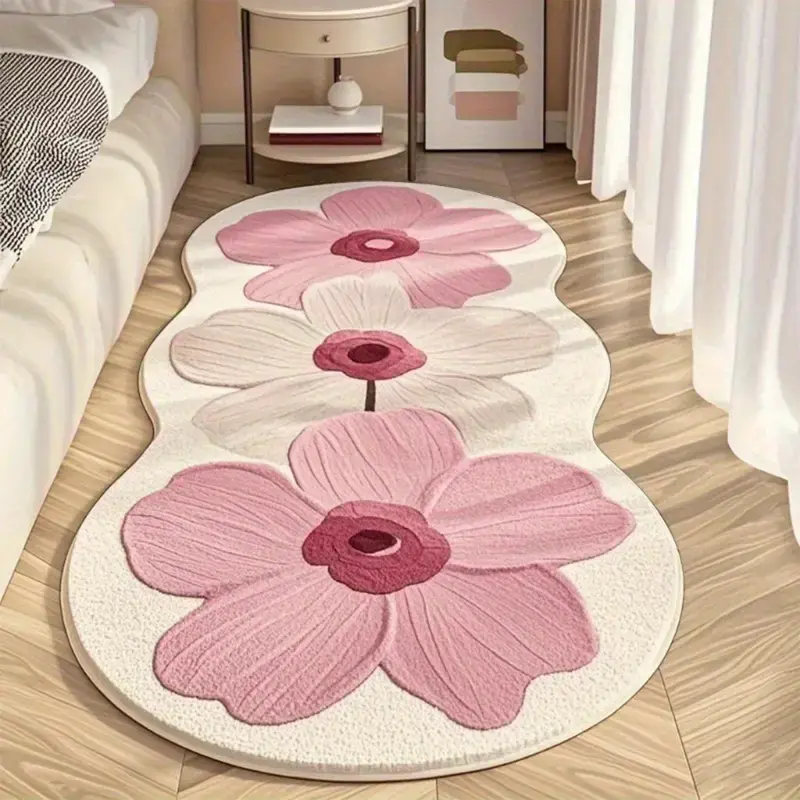 Creative Elegant Floral Pattern Plush Bedside Carpet, Floral Shaped Rug, Soft Comfortable Living Room Bedroom Rug, Fashion Cute Home Decor Mat, Fluffy Rugs, Home Decorative Rugs, Floral Print Rug