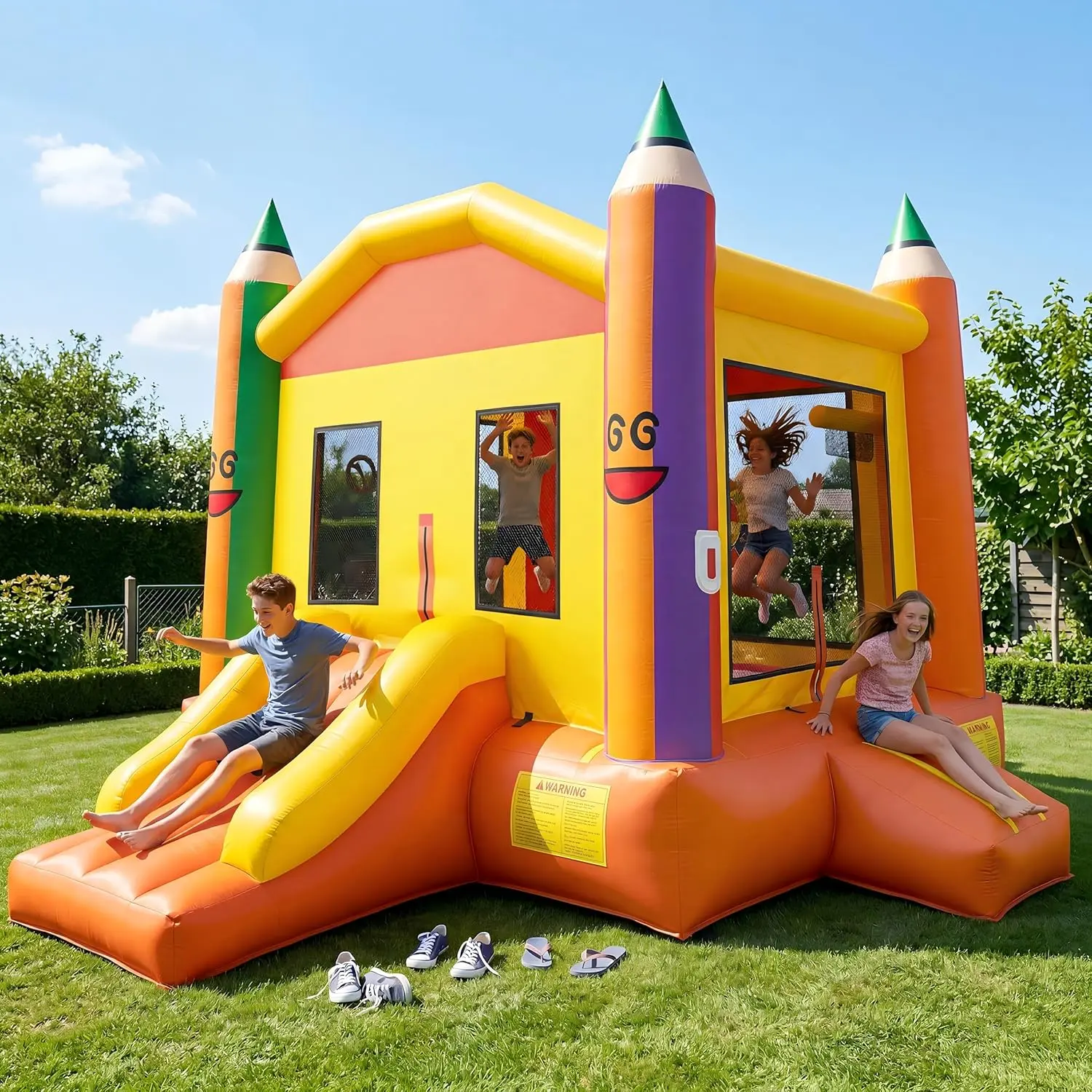 GSFRHeavy-Duty Extra Large Inflatable Bounce House with Slide, Roomy Jump Area, 174" L x 174" W x 144.9" H, Outdoor Bouncer Castle with Air Blower for Party Play