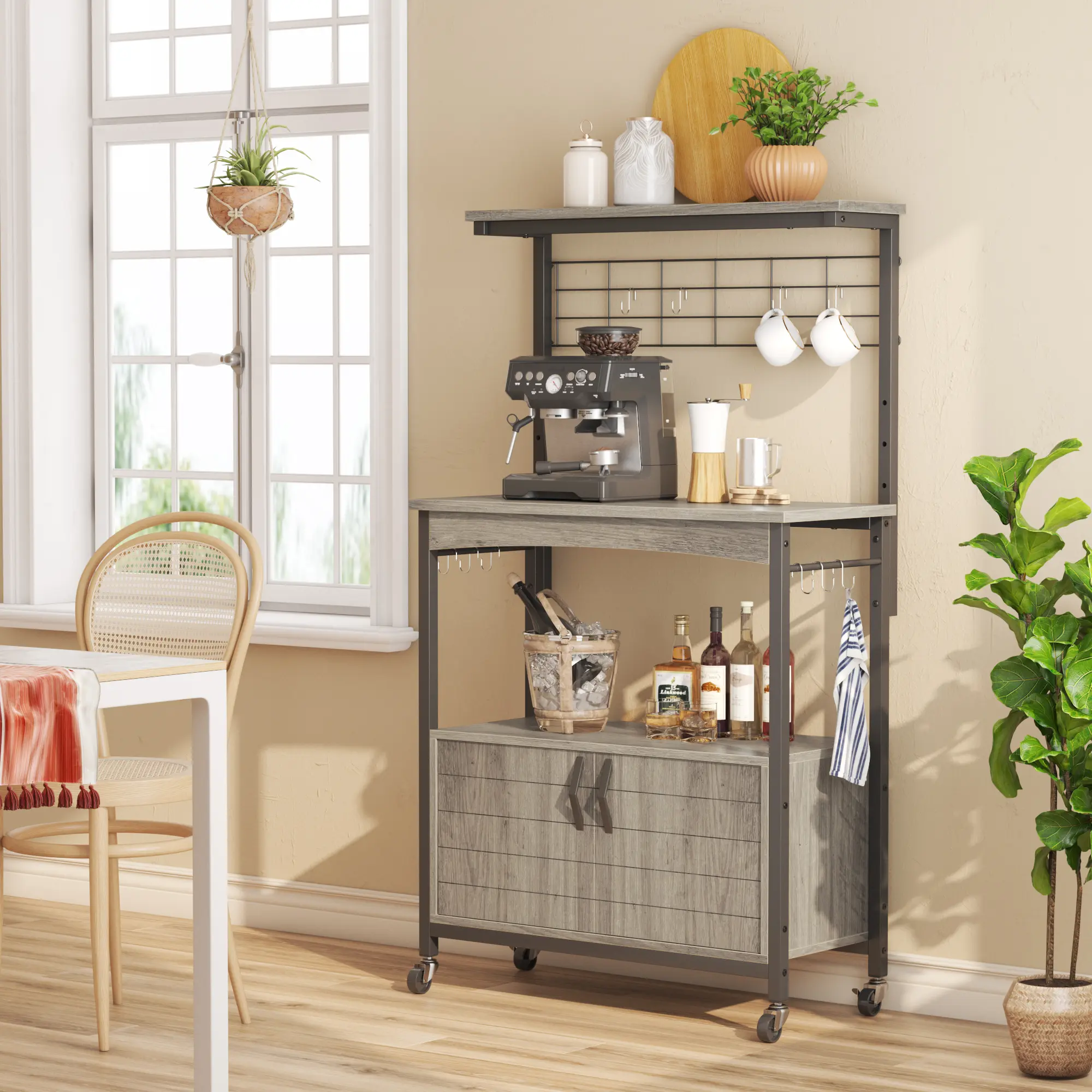 3-Tier Baker's Rack with Cabinet, Kitchen Storage Shelves, Microwave Oven Stand, Coffee Bar with Hooks in Grey 3-Tier Baker's Rack with Cabinet, Kitchen Storage Shelves, Microwave Oven Stand, Coffee Bar with Hooks in Grey