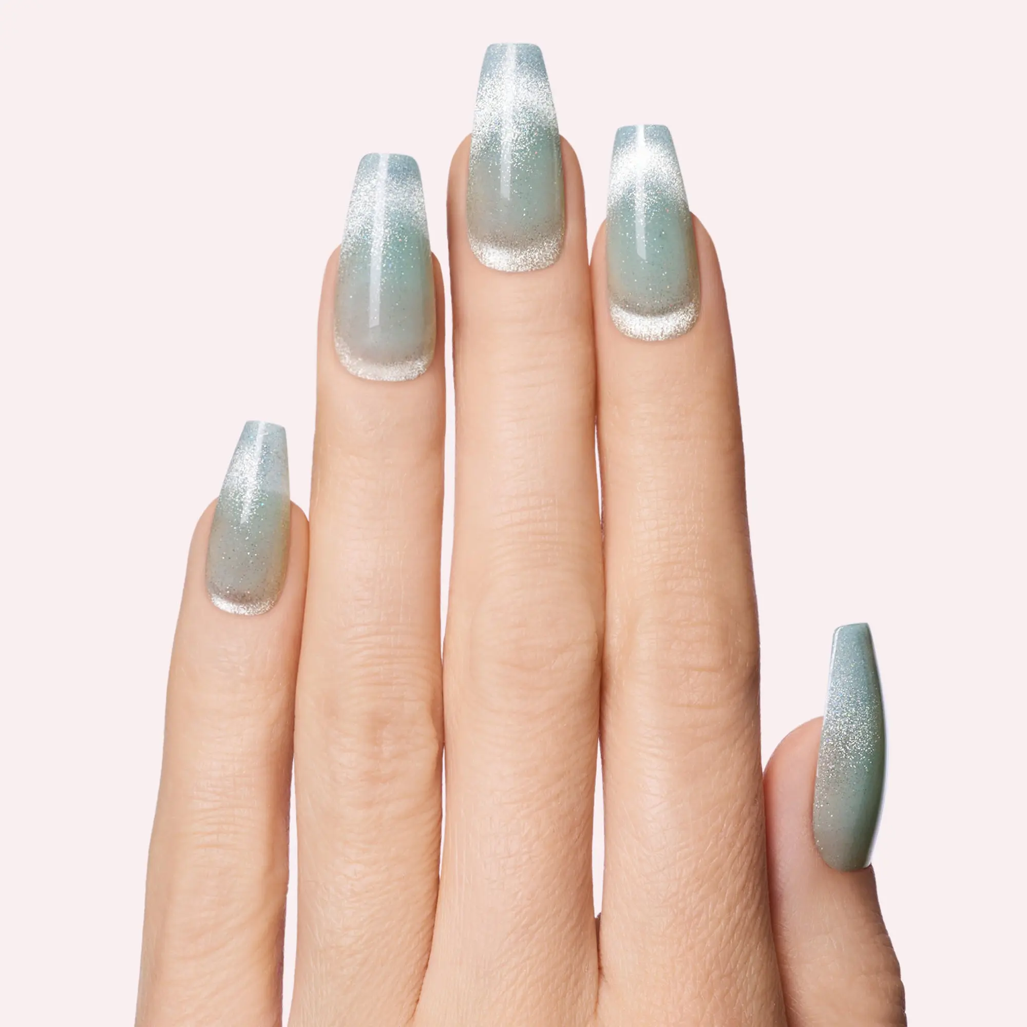 DASHING DIVA Mr. Wrong - Long Coffin Glue-On Gel Nails – Sheer Sparkly Pale Teal Nude, Glossy Chip-Resistant Finish