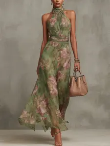 2026 New French Floral Print Fitted Knee-Length Dress, Elegant Fashion Pleated Wrap Dress, Contrast Mesh Asymmetrical Split Backless Dress