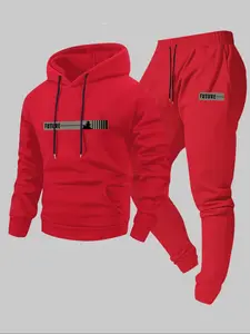 Men's Fall Winter Fleece, Letter Print Hoodie + Drawstring Casual Sport Pants, 2 Piece Set, Long Sleeve, Regular Fit, Streetwear Tracksuit Set, Sports Set
