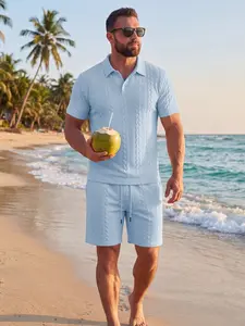 Men's Solid Color Cable Knit Two-Piece Set - Polo Collar Short Sleeve Top with Matching Drawstring Shorts, Essential Tropical Casual Travel and Sports Wear, Casual Outfit Set
