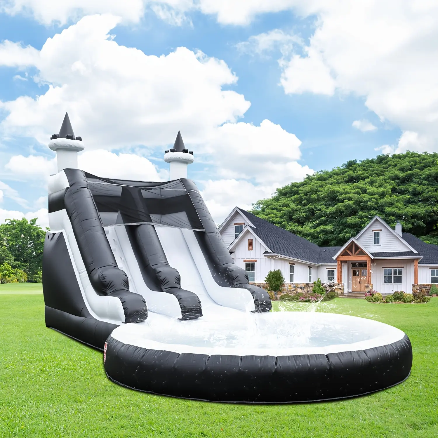 Large Inflatable Pool, 24FT Enormous Commercial Inflatable Grade Water Slide Swimming Pool, 100% PVC Big Waterslide with Blower, Airtight Water Pool, Wet Dry Use, Summer Fun Black