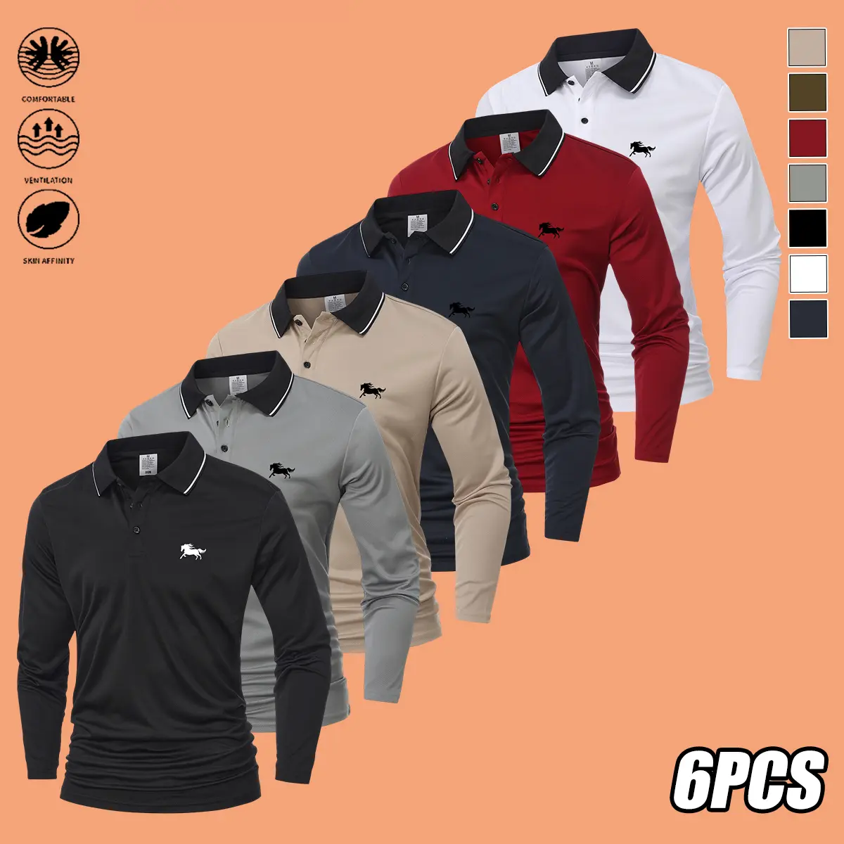 Spring/Autumn bestseller men’s 6-piece set of long-sleeve POLO-collar tops, stylish and minimalist with a galloping horse print, solid color design, available in multiple colors, sporty casual style, soft and comfortable, easy-to-wear pullover tops.
