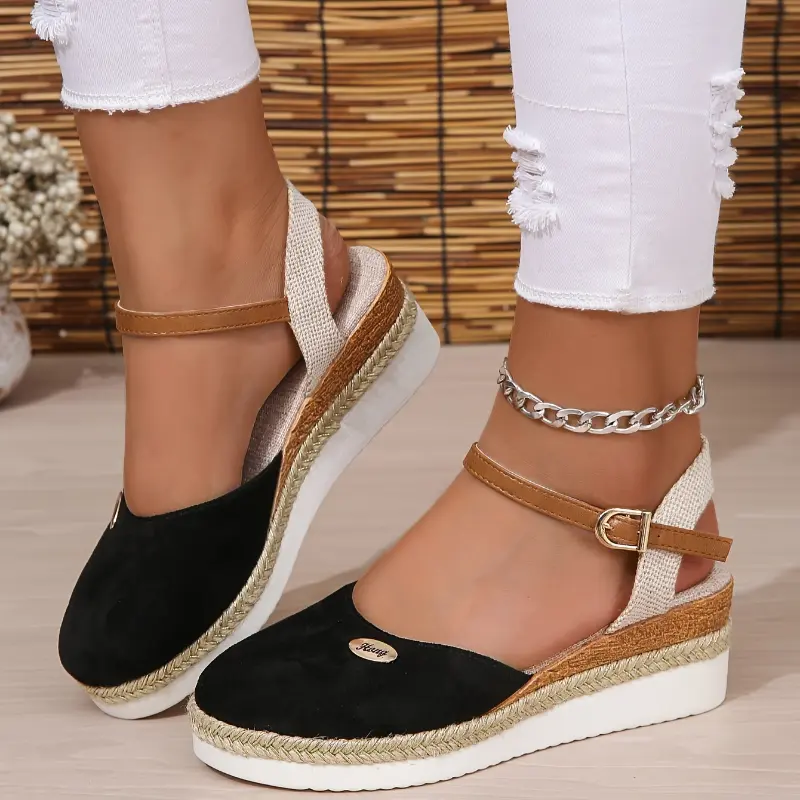 Women's Colorblock Closed Toe Platform Heel Sandals - Ankle Buckle Strap, Fashionable Comfy Slingback Wedge Shoes for Summer, Platform Heels Sandals, Fashionable Comfy Sandals