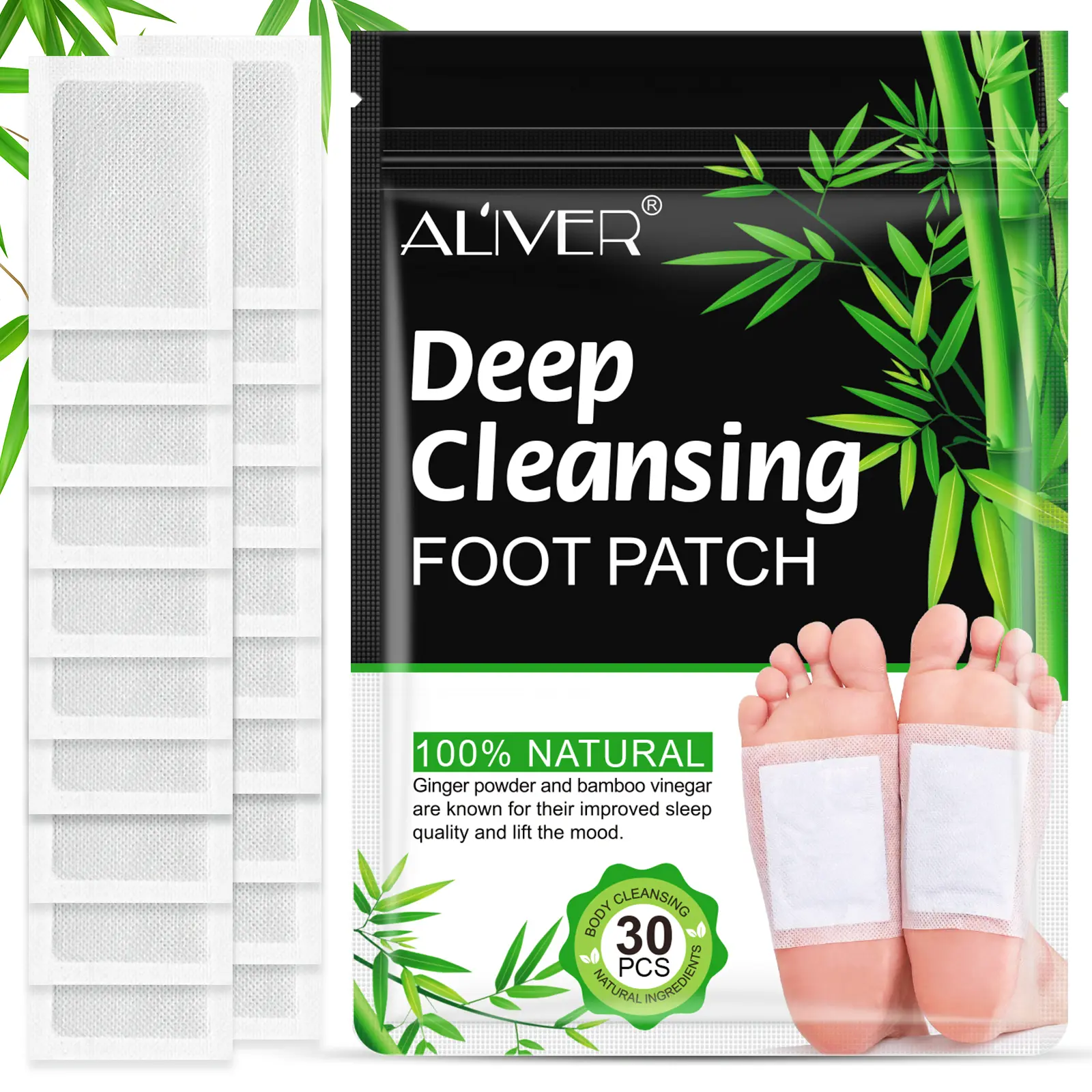 Aliver Deep Cleansing Foot Patch 30 Pcs Natural Bamboo Charcoal Exfoliating Healthcare Ginger Extract Comfortable Sleep Sets for Relief Cleanse Herbal Ingredients 100ml