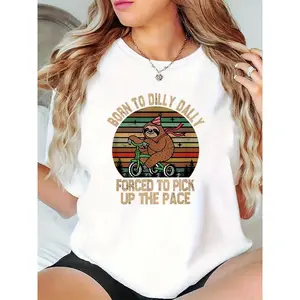 Women's Funny Sloth Riding Bike T-Shirt, Retro Striped Graphic Tee with Party Hat & "Born to Dilly Dally" Slogan, Casual Daily Birthday Outfit for Women Girls 100% Cotton T-shirt