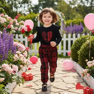 Kids Girl Valentine's 2-Piece Outfit - Heart Embroidery Crew Neck Long Sleeve Top & Plaid Pants Set, Cute Stylish for Holiday, Daily Wear & Casual Outings