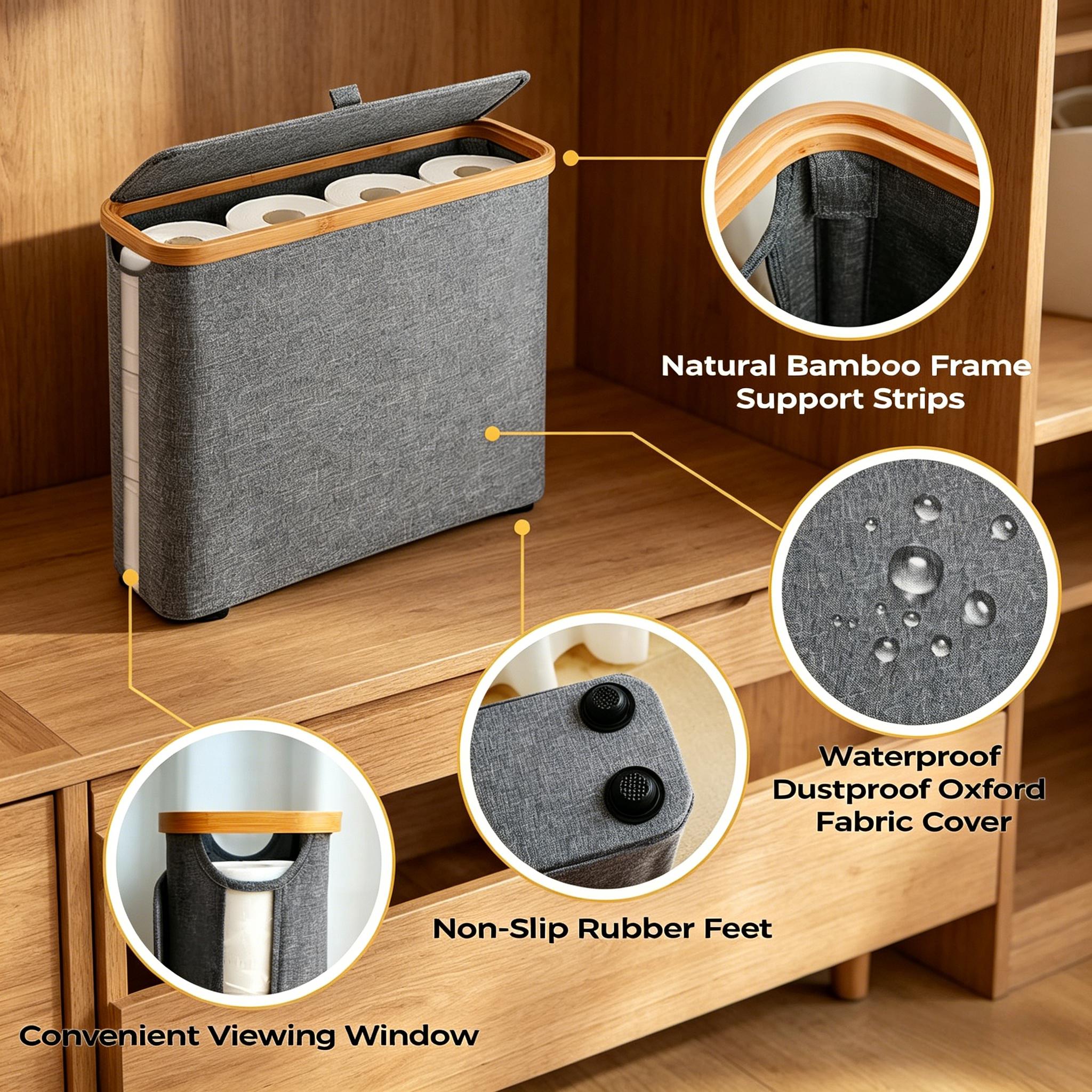 Elegant Narrow Toilet Paper Holder with Lid, Classy Bathroom Tissue Storage Organizer, Waterproof Oxford Fabric for Mega Rolls