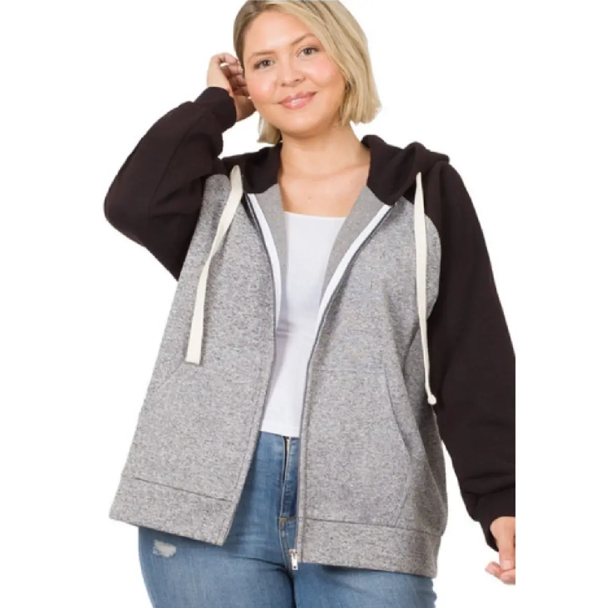 Women's Polyester Curvy 2-Toned Raglan Full-Zip Hoodie - Long Sleeve, Relaxed Fit, Kangaroo Pocket, Casual Outdoor Day Style