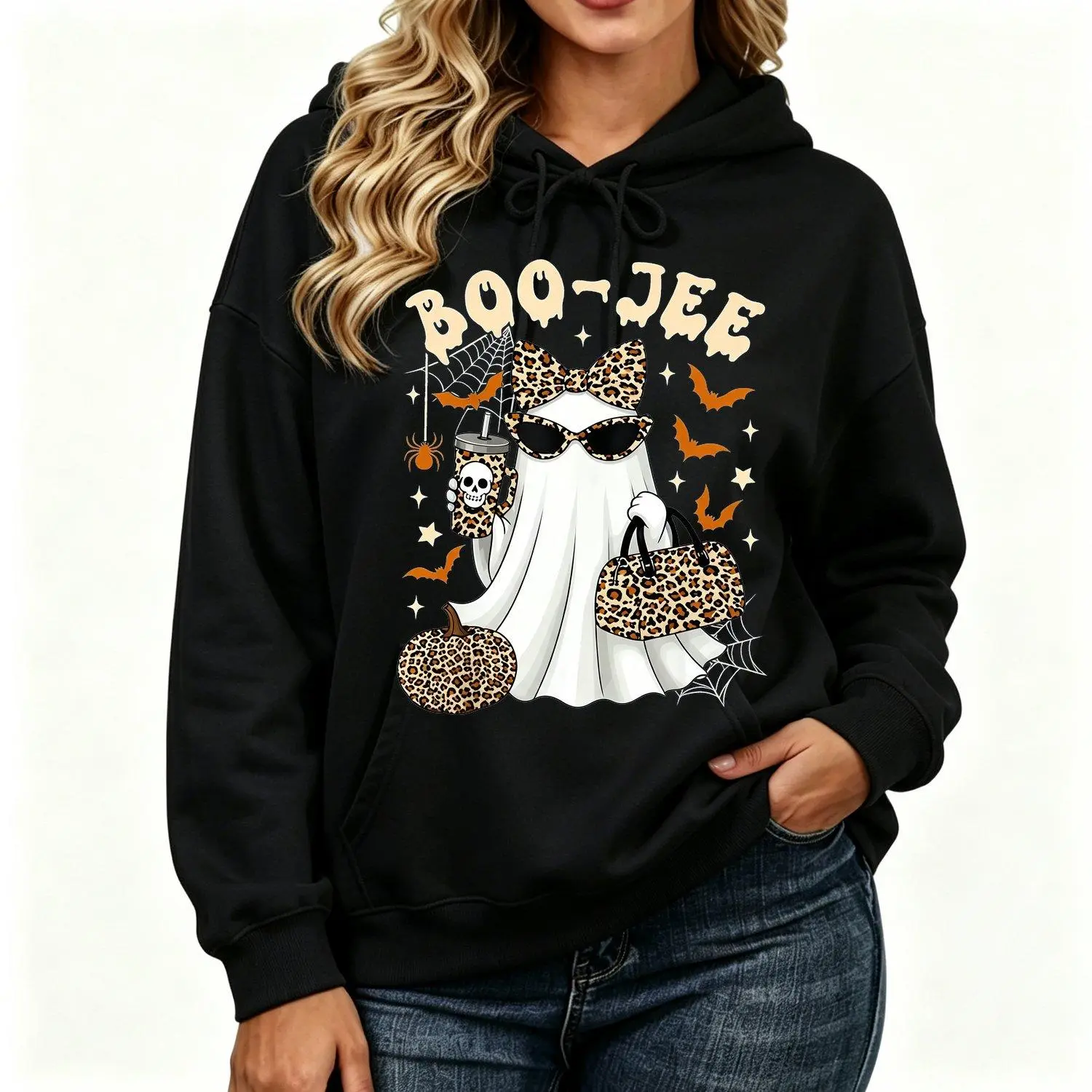 Men's Sports Hoodie Boo-Jee Leopard Ghost Halloween Boujee Ghost Coffee Graphic Pullover Sweatshirt Cute Spooky Halloween  Top for Men