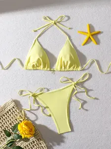 Women's Solid Tie Side Bikini Set, Casual Fashion Chic Swim Bra & Swim Panty Two-piece Swimsuit for Beach Holiday Vacation, Ladies Swimwear for All Seasons