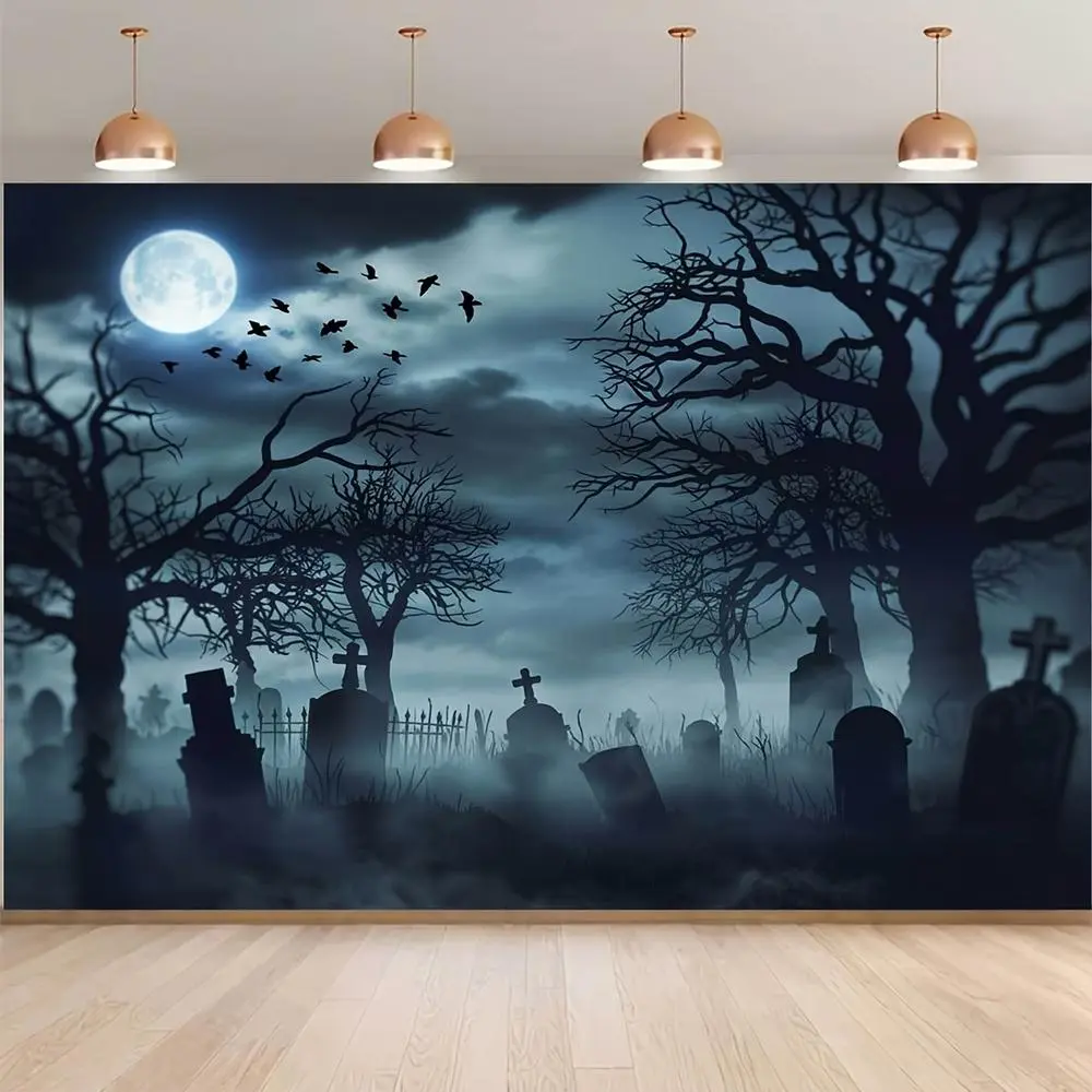 Halloween Cemetery Printed Polyester Wall Hanging Backdrop - Moonlit Graveyard, Bats, Bare Trees Design - Party Decoration Supplies for Photo Studio Use,summerwins