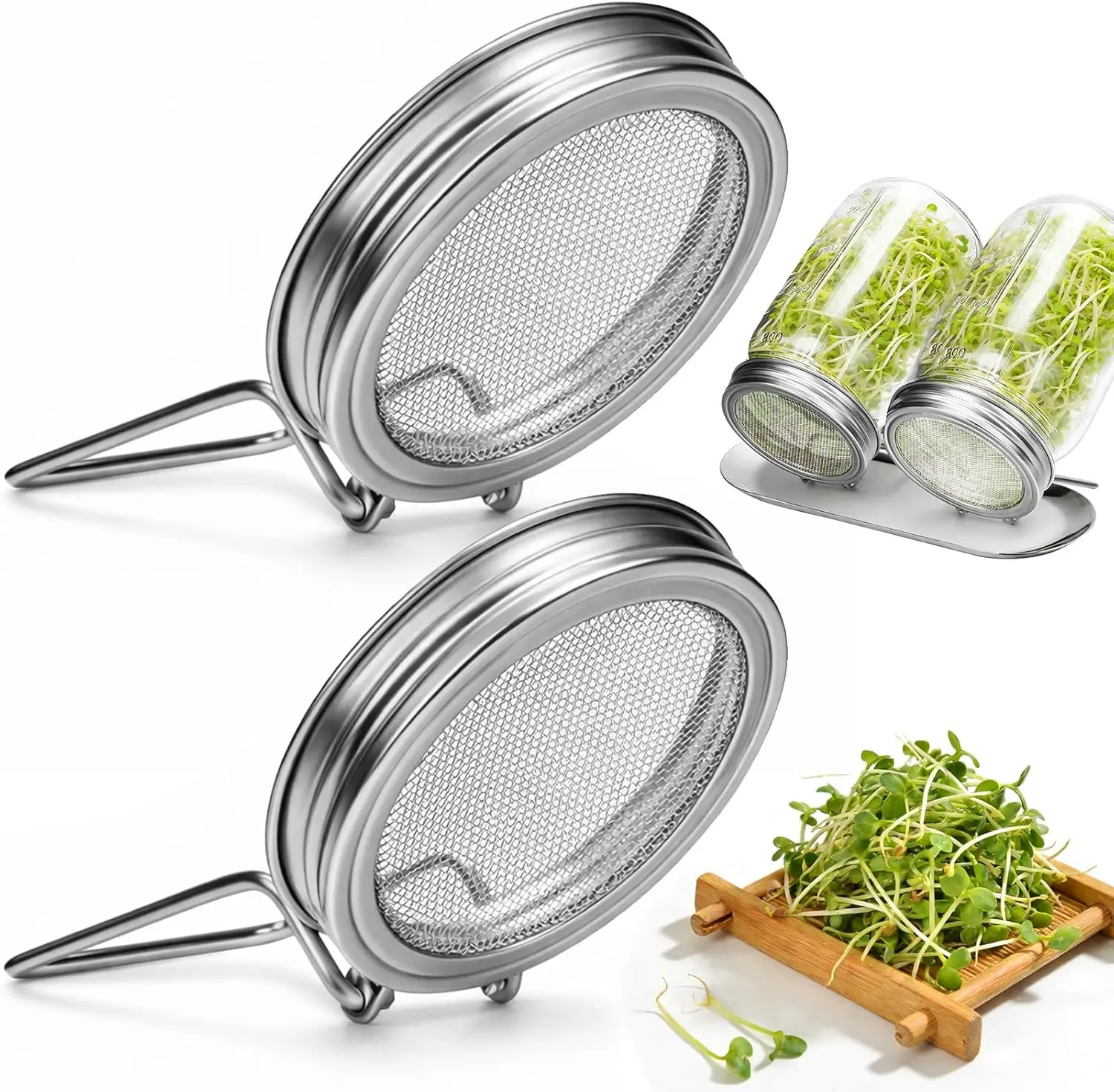 Stainless Steel Sprouting Lids, 2 Pack with Sturdy Integrated Stand, Rustproof Mesh Strainer Fits 3.74" Wide-Mouth Jars, Excellent Ventilation, Dishwasher Safe, 2 Pcs