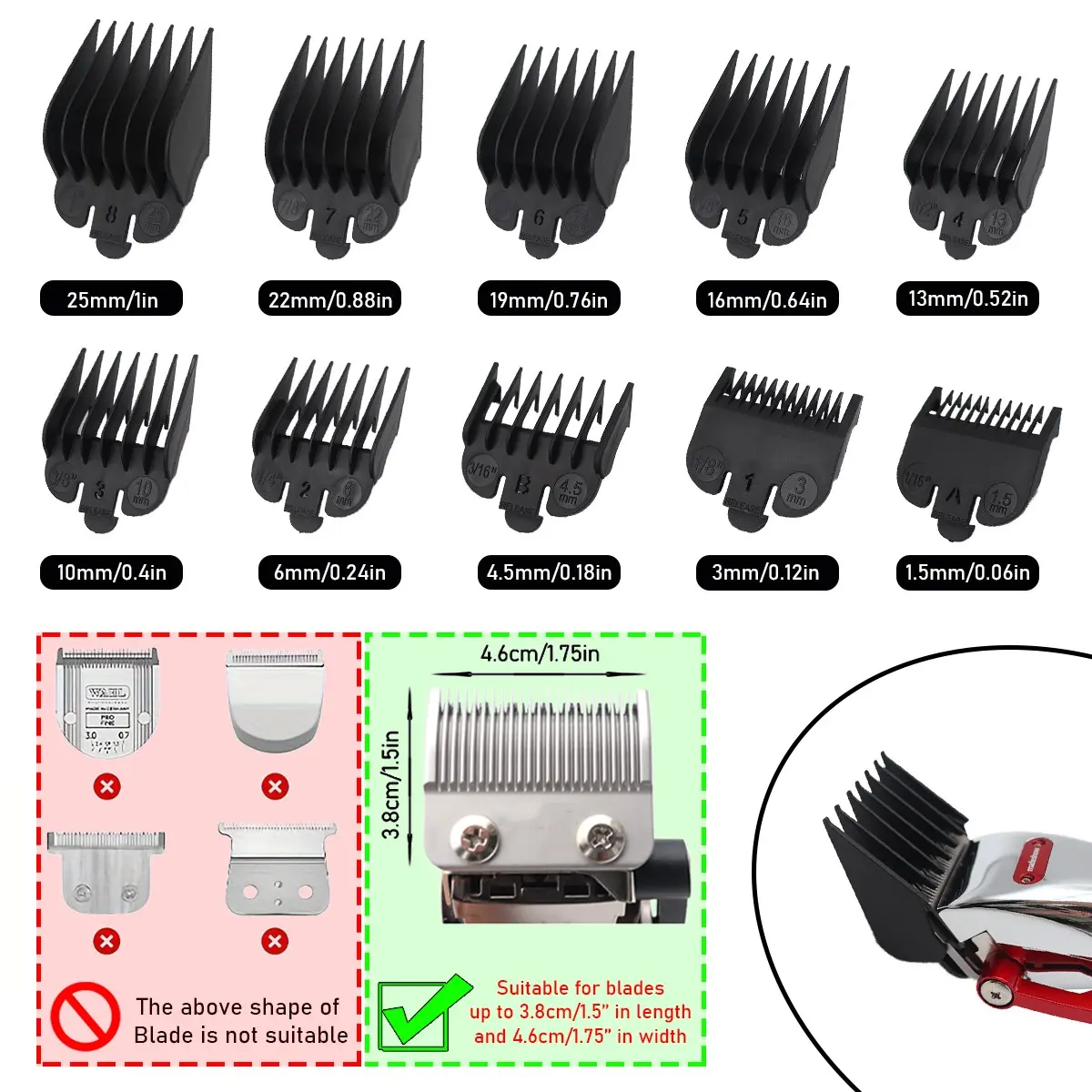 10pcs Universal Guards Hair Cutting Combs for Professional Hair Trimmer Machine Barber Accessories Trimmer Limit Combs 1.5-25mm Haircutting