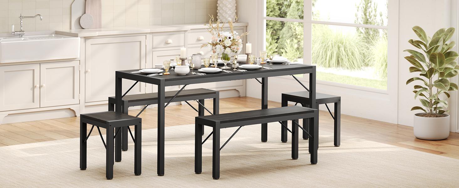 Gizoon 63" Dining Room Table Set for 6 Kitchen Table with 2 Benches and 2 Stools Dining Table Set with Metal Frame Space-Saving Kitchen Table Set for Apartment Furniture Gizoon 63" Dining Room Table Set for 6 Kitchen Table with 2 Benches and 2 Stools Dining Table Set with Metal Frame Space-Saving Kitchen Table Set for Apartment Furniture
