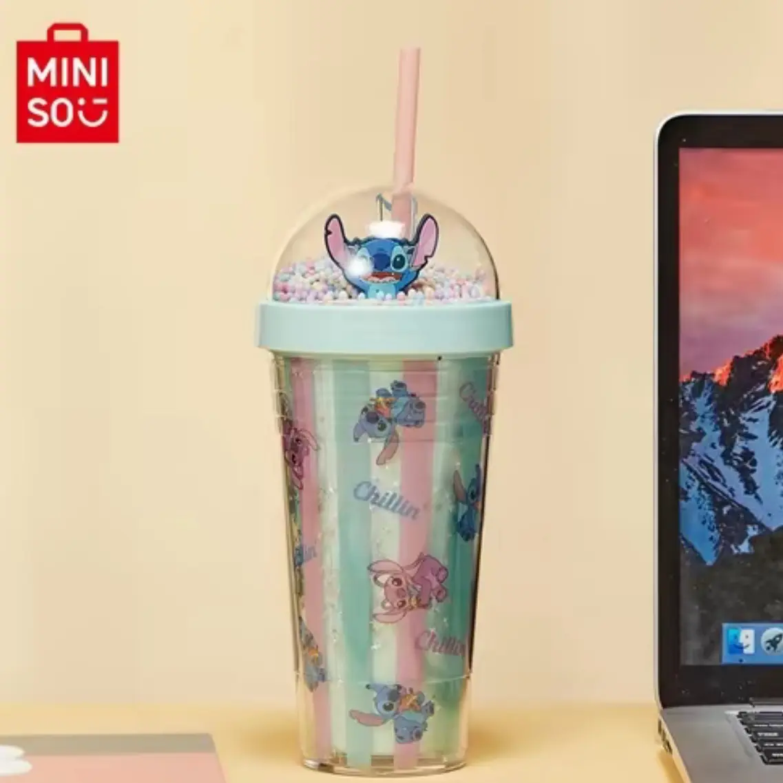 [Summer New Product] MINISO Disney Stitch Series Bubble Lid Straw Plastic Cup 420mL (Stitch) Portable Detachable Drinking Bottle with Straw