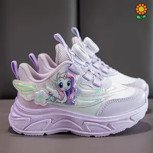 DZP-Girls' Pink  Cartoon Sneakers with Rotating Button - Cushioned, Non-Slip Thick Sole Casual Running Shoes for Youngsters & Teens - Breathable Fabric, All-Season Wear, Girls Shoes