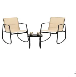 3 Piece Patio Rocking Chair Set with Coffee Table, Outdoor Conversation Furniture for Backyard, Porch, Balcony & Poolside, Weather-Resistant Steel Frame, Light Grey/Brown