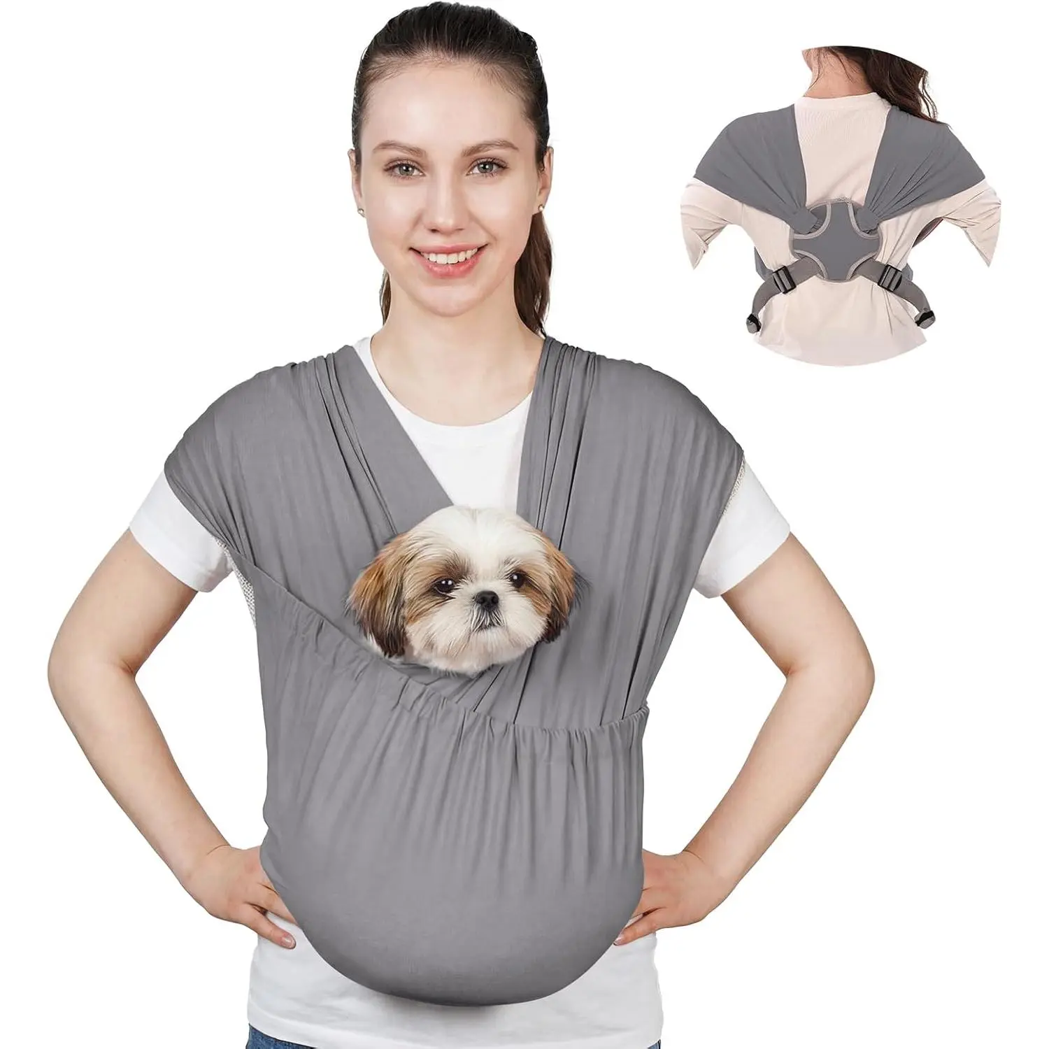 Dog Sling Carrier for Small Pets, Hands Free Cat Sling, Reducing Back Neck Pain Anti-Anxiety Puppy Front, Adjustable Soft Dog Carrying (Grey, Regular 0-9 L