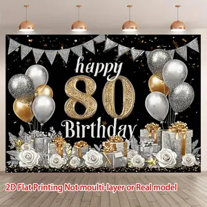2D Flat Silver Color 80th Birthday Backdrop Banner with Flags and Balloons, Perfect Decoration for Celebrations and Parties
