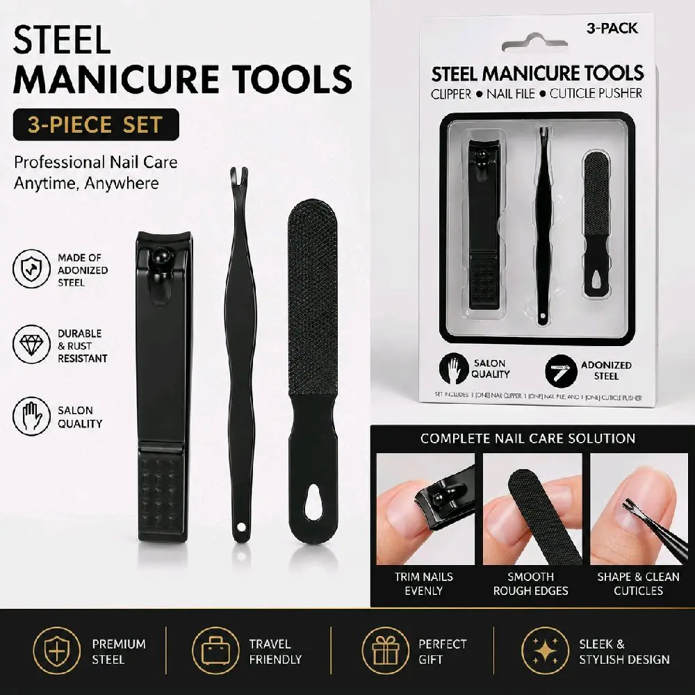 Steel Manicure Tools 3-Pack – Nail Clipper, Nail File & Cuticle Pusher
