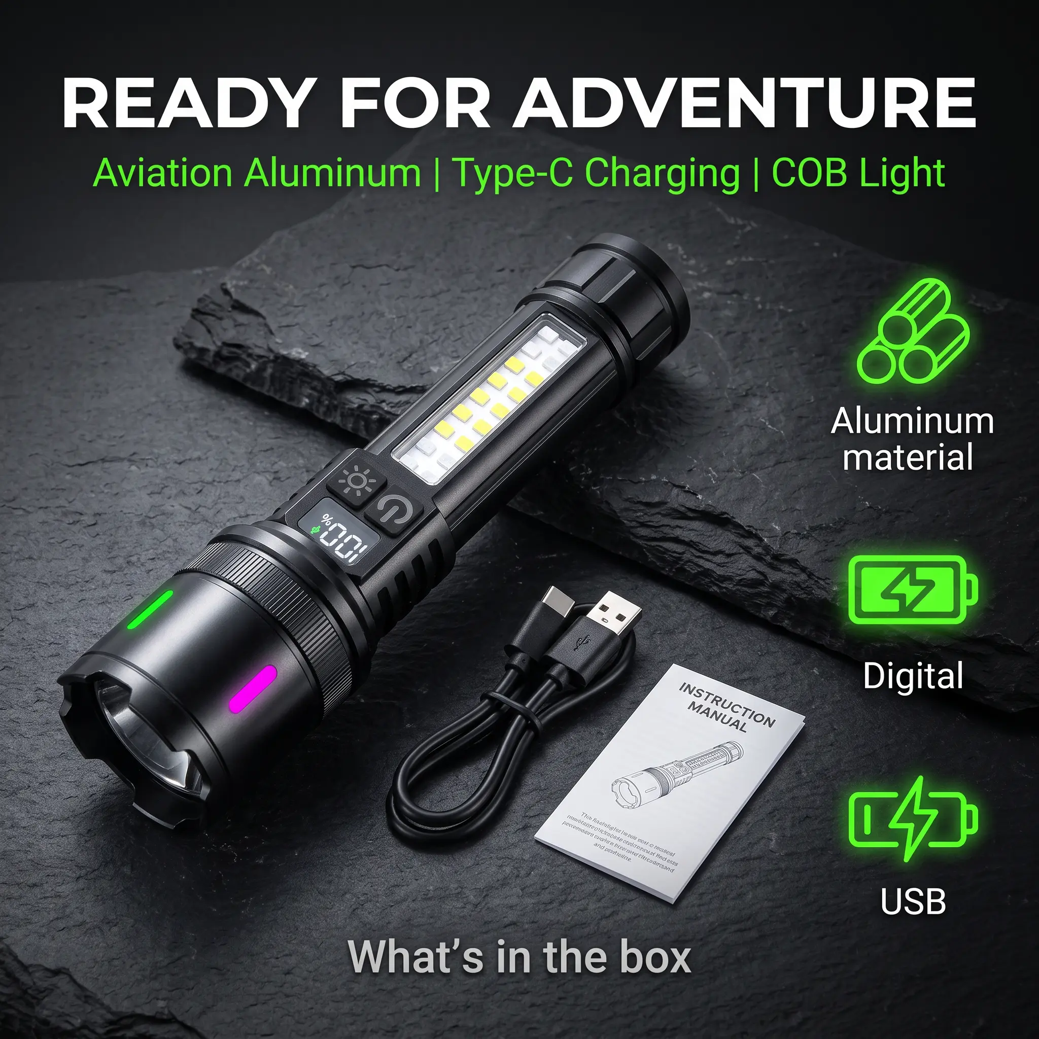 Ultra Bright LED Flashlight Rechargeable, High Lumen Tactical Flashlight with Real-Time Digital Power Display, Zoomable COB Side Light, Waterproof Powerful Handheld Flash Light for Camping, Hiking, Emergency, Home & Car