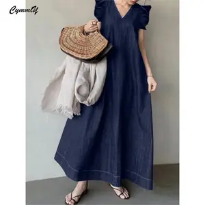 SolidColorLooseDenimV-NeckFlutterSleeveMaxiDress!BohemianCasualVacationStyle