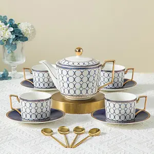 British Bone China Cups and Saucers Sets, (7 oz) with Gold Spoon and Gifts Box, Elegant blue and White Tea Cups Set, Cappuccino Cups, Ceramic Coffee Cup Set.