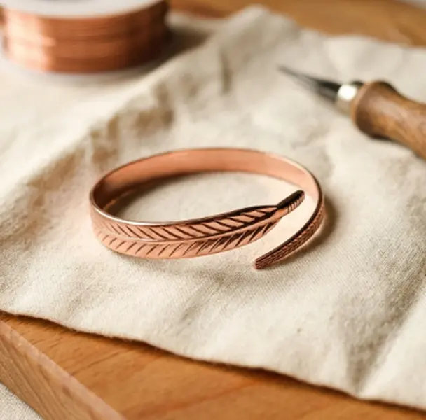 Pure Copper Bracelet for Men & Women, Leaf Feather Cuff Bangle Rose Gold Mirror, 100% Pure Copper; Leaf Feather Design; Open Cuff Bracelet; Adjustable Fit; Handmade Artisan Style