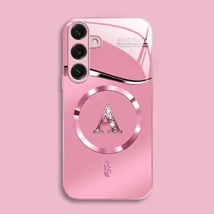Suitable for [Galaxy S25] high-end MagSafe phone case，Luxury Pink Metallic Magnetic Case Cute Bling Rhinestone Initial Letter  Aesthetic Shockproof Wireless Charging Cover 952