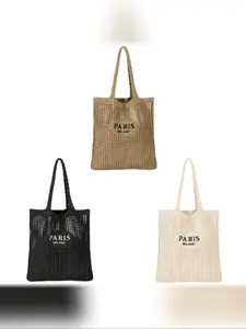 Handwoven Hollow Out Beach Bag, Letter Mesh Pocket, Boho Style Shoulder Handbag, Perfect for Daily Use and Travel Essentials