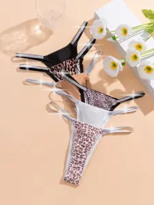 Women's Sexy Leopard Pattern Bikini Triangle Panties, Shiny Belt Detail Design, Fashionable Elegant Underwear, All Seasons 6-Pack, Leopard Print Bikinis