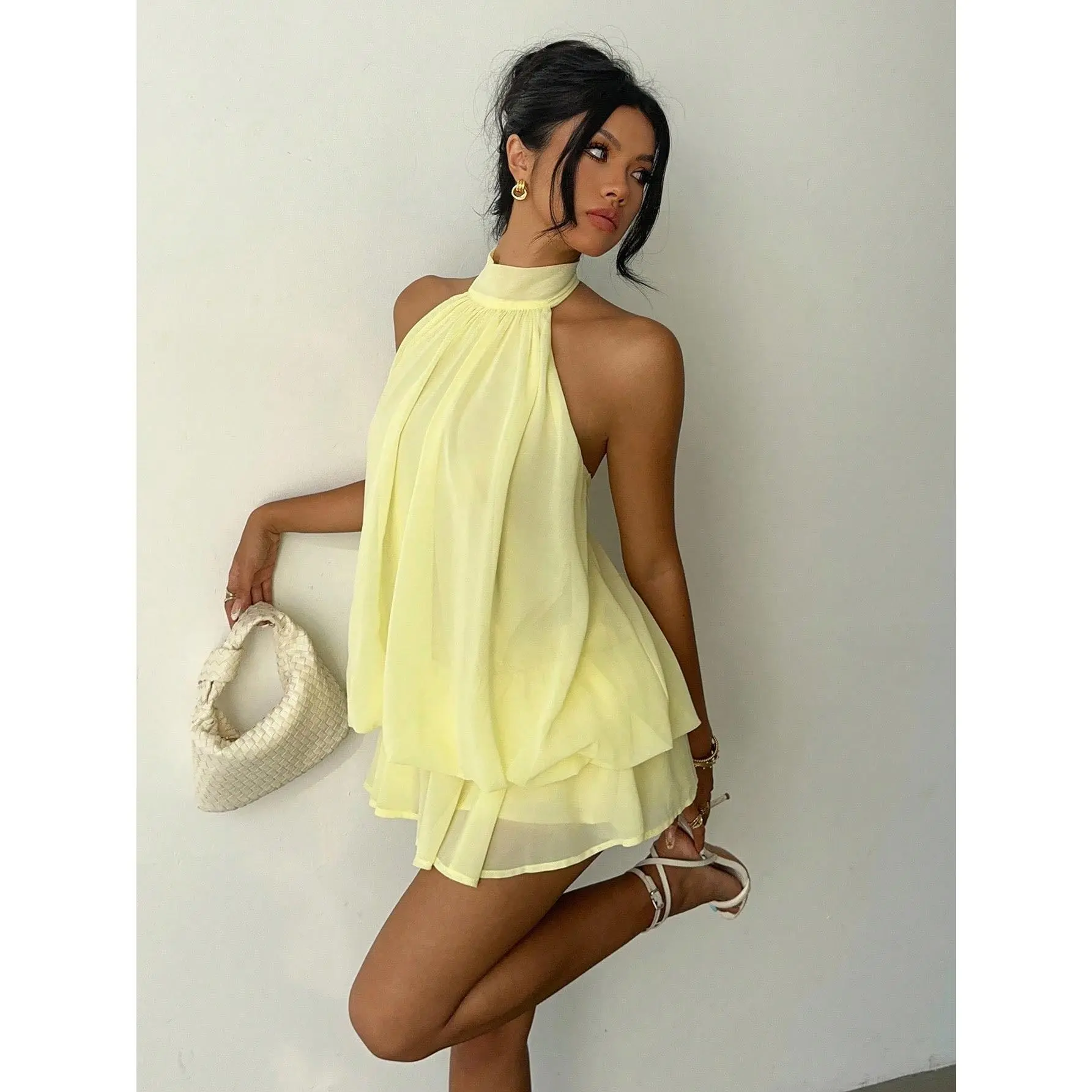 Women's Halter Neck Dress, Light Yellow Chiffon Ruffled Casual Mini for Summer Brunch, Wedding Guest, Chiffon Ruffled Casual Dresses, Halter Neck Ruffle Casual Dresses