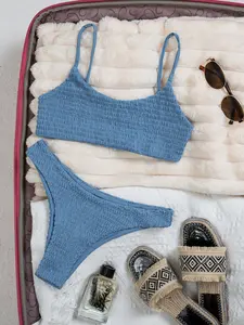 Women's Sexy Casual Two-Piece Beach Bikini Set, Butterfly Pattern, Wireless Design, Sleeveless High Cut Bottoms, All Seasons, Solid Ruched Bikini