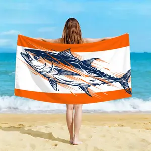 Oversized Microfiber Beach Towel with Vibrant Orange Stripes and Artistic Bluefin Tuna Print for Pool Travel and Gym
