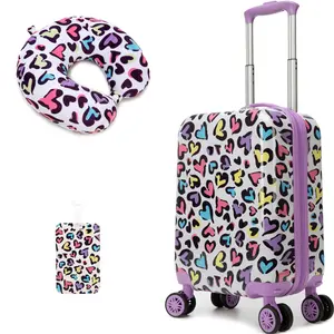3Pcs Girls Luggage Set, Kids Hardshell Carry-On Spinner Suitcase, Matching Neck Pillow & Tag, Cute Purple Leopard Travel Gear for Teens portable