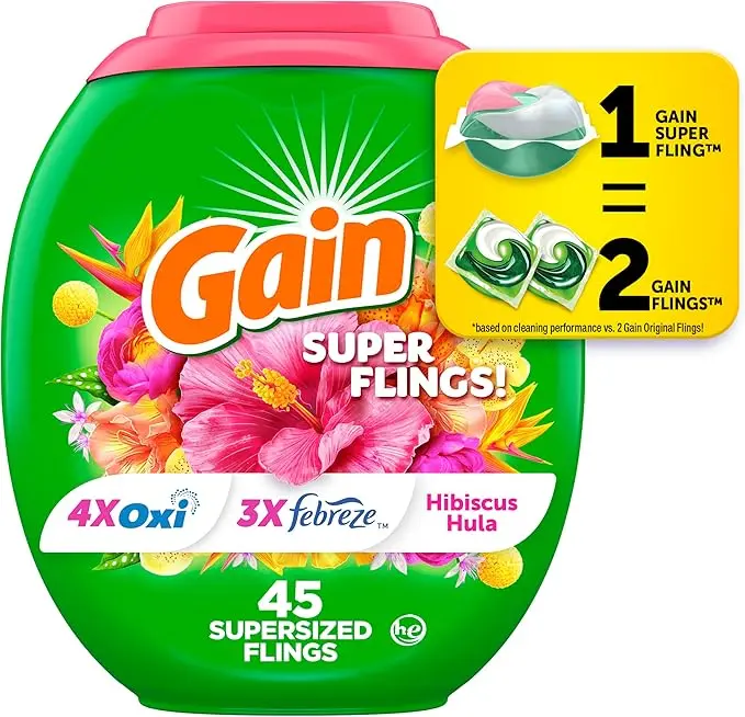 Gain Super Sized Flings Laundry Detergent Pacs - Hibiscus Hula Scent, 45 Count, Natural Biodegradable Formula, Irresistible Clean, Lasting Freshness, HE Compatible Home Care Household Cleaner Pods