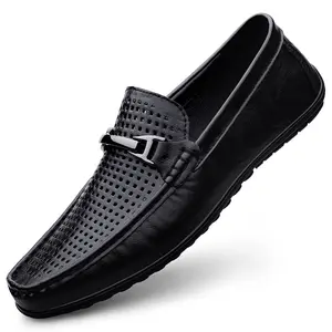 Unisex Soft Leather Loafers Metal Buckle Breathable Anti-Slip Comfortable Business Casual Slip-On Shoes LK8531